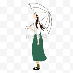 免抠绿色裙子图片_打着透明雨伞的小清新女孩免抠图