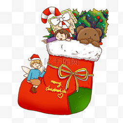 圣诞节红色装满礼物的圣诞袜小人
