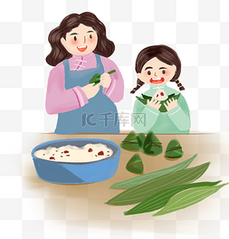端午节母女包粽子温馨插画