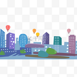 热气球插画装饰图片_海报插画之卡通城市高楼与热气球
