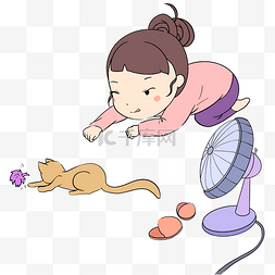 宅在家和猫玩耍的小女孩手绘插画