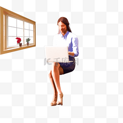 手绘窗边用电脑办公的女孩