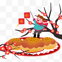 红色的中国结图片_新年人物和小花插画