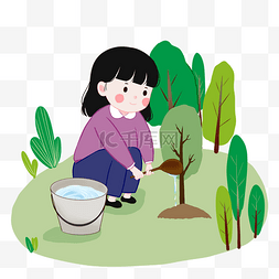 植树节绿树图片_植树节绿树女孩给小树苗浇水PSD免