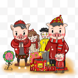 猪猪插画风图片_2019猪年贺新年放鞭炮手绘插画风