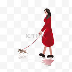 穿着红色长裙遛狗的女生