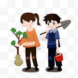 植树节设计图片_手绘植树节男孩和女孩开心植树