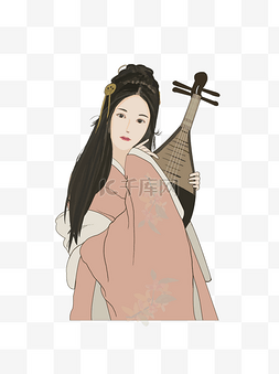 插画古代女子图片_抱着琵琶的古代女子人物设计可商