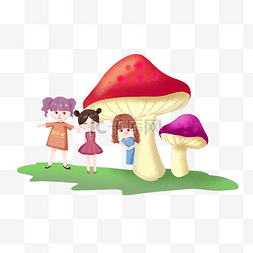小女孩在草地上看蘑菇