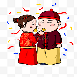 中式结婚素材图片_卡通手绘新郎新娘喝交杯酒插画