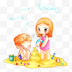 玩沙子图片_夏日儿童快乐暑期玩沙子插画