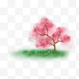 手绘粉色桃花树和草地上的落花