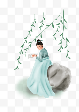 古代人物古人少女与柳树