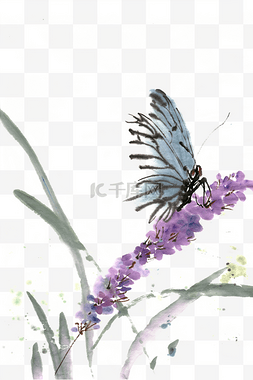 蝴蝶紫色花卉水墨画PNG免抠素材