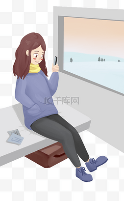 绿色旅行箱图片_春运坐高铁的人物插画