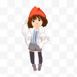 戴着圣诞帽子的女生插画PNG