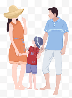 父亲节手绘插画图片_亲子旅游一家三口在海边散步手绘