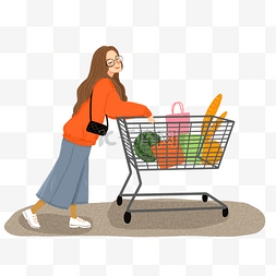超市货架插画图片_开心超市购物女孩