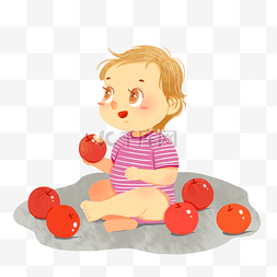 坐在地上吃苹果的婴儿
