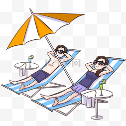 旅游夫妻图片_卡通手绘情侣沙滩晒太阳插画