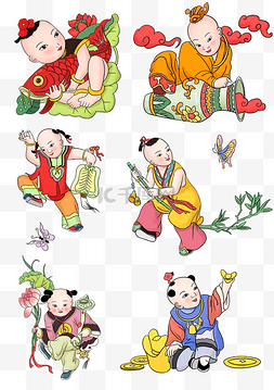中国娃娃图片_春节复古年画合集手绘
