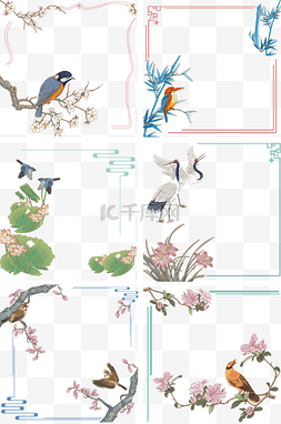 花鸟植物图片_边框合集中国风插画花鸟壁画复古