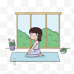 瑜伽动作图片_手绘卡通女孩室内静心瑜伽练习插