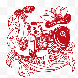 中国风红色鲤鱼窗花剪纸