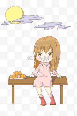 月饼盒图片_中秋节小女生吃月饼卡通人物