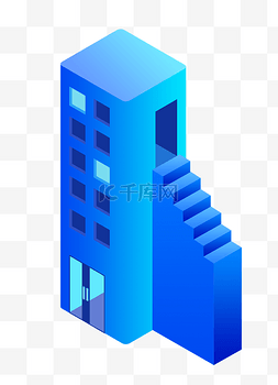的楼房图片_手绘蓝色2.5D的楼房插画