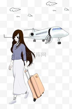 飞机和拖着行李箱女生手绘卡通插