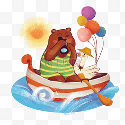 暑假手绘场景插画平面设计熊和鸭