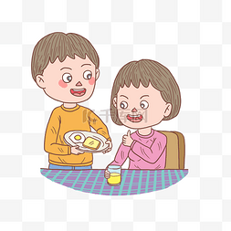卡通美食早餐图片_卡通手绘人物夫妻吃早餐
