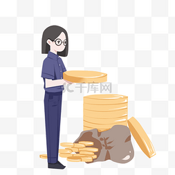 手绘理财图片_手绘金融金币美女人物插画