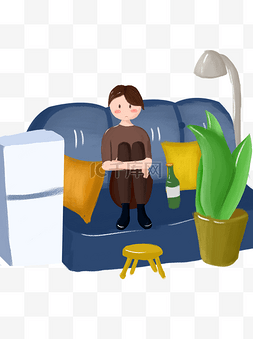 手绘独自一人在家坐在沙发上的男