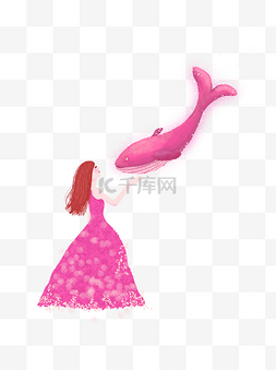 手绘卡通和红色大鱼玩耍的玫红裙