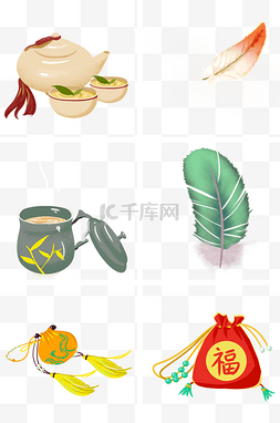 传统中国茶壶图片_中国风精致茶杯茶具羽毛插画