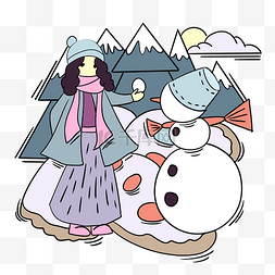 手绘卡通可爱冬季少女堆雪人
