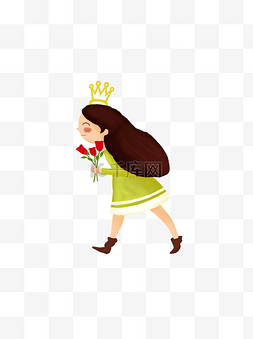 小公主女孩图片_卡通开心拿着玫瑰花的女孩可商用