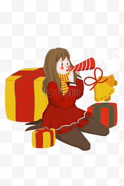 圣诞节图片_手绘吹喇叭的女孩插画