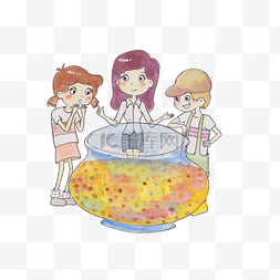 老师学生围着一大缸糖果梦幻插画