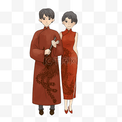 人物插画中式图片_中式旗袍服装婚礼插画