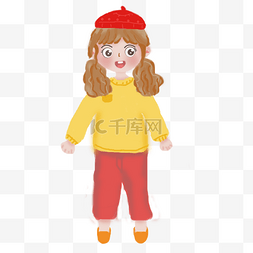 新年帽子插画图片_过年头戴红色帽子的女孩站立插画