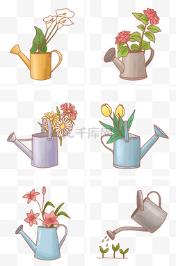 水壶和花朵插图组图PNG免抠素材