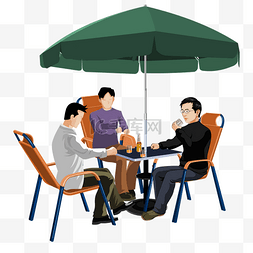 坐在遮阳伞下喝啤酒聊天卡通插画