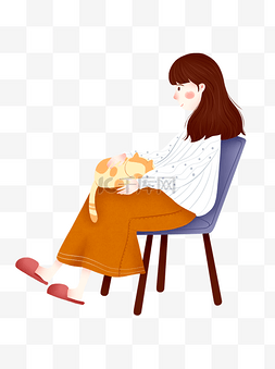 手绘可爱女孩抱着猫猫坐在椅子上