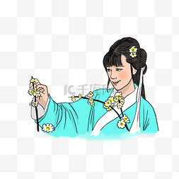 插画古代女子图片_秋游古代女子赏花卡通插画