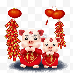 小猪过年插画图片_手绘新年拜年小猪