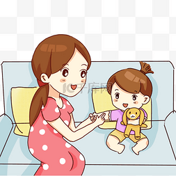 手绘卡通妈妈和女儿玩游戏