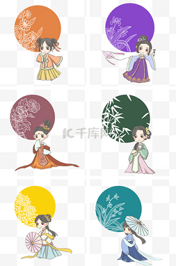 梅兰竹菊花纹图片_六色汉服花朵少女PNG